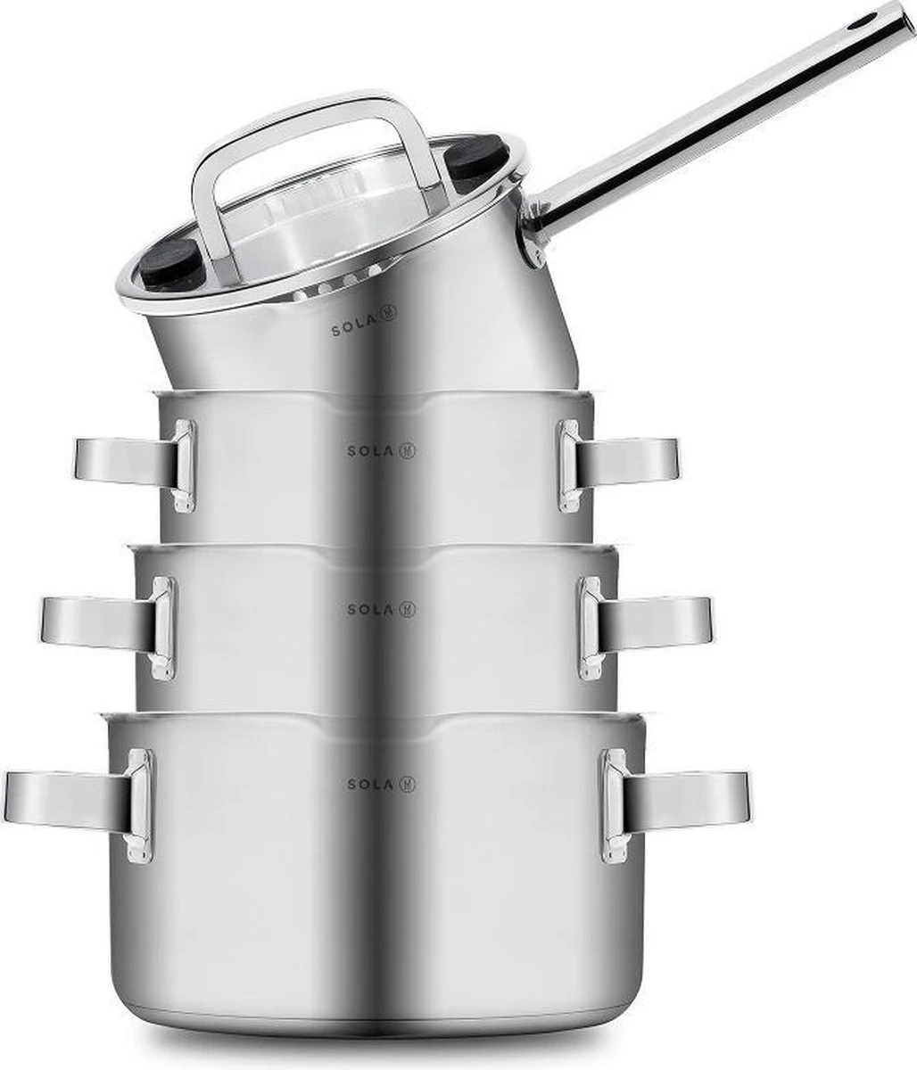 Sola Pannenset Juvia - 4 Delig - Ø 16,16,18,20 Cm - Zilver - RVS - Sandwichbodem - Afbeelding 2