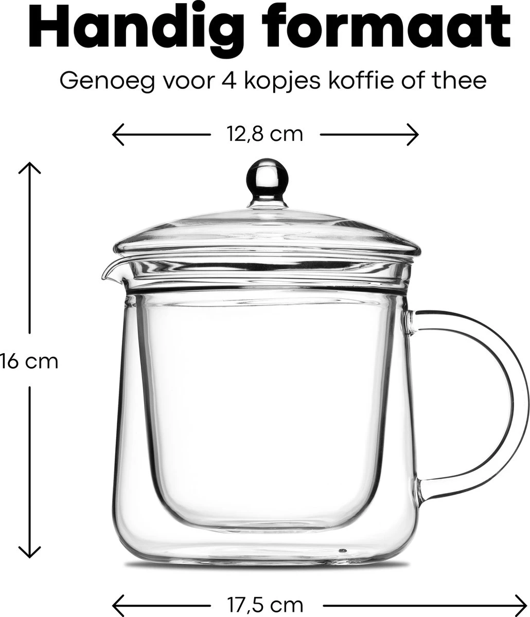 Vatten® Premium Glazen Theepot - 700ml - Dubbelwandig - Anti-drup - Transparant - Afbeelding 2