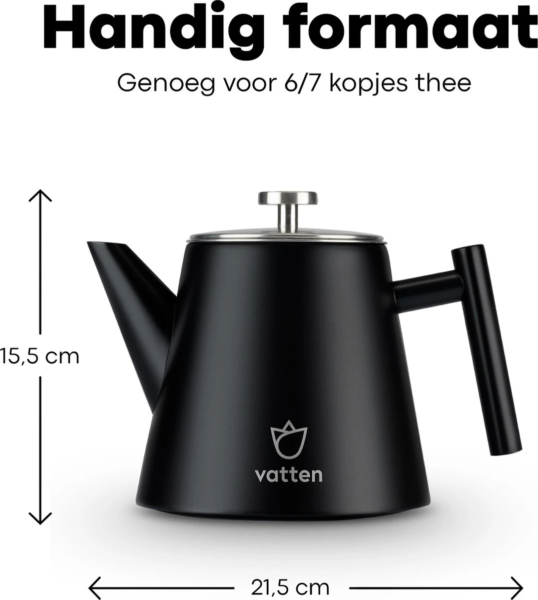 Vatten® - Premium RVS Theepot - Incl. RVS Theefilter - 1L - Zwart - Dubbelwandig - Afbeelding 5