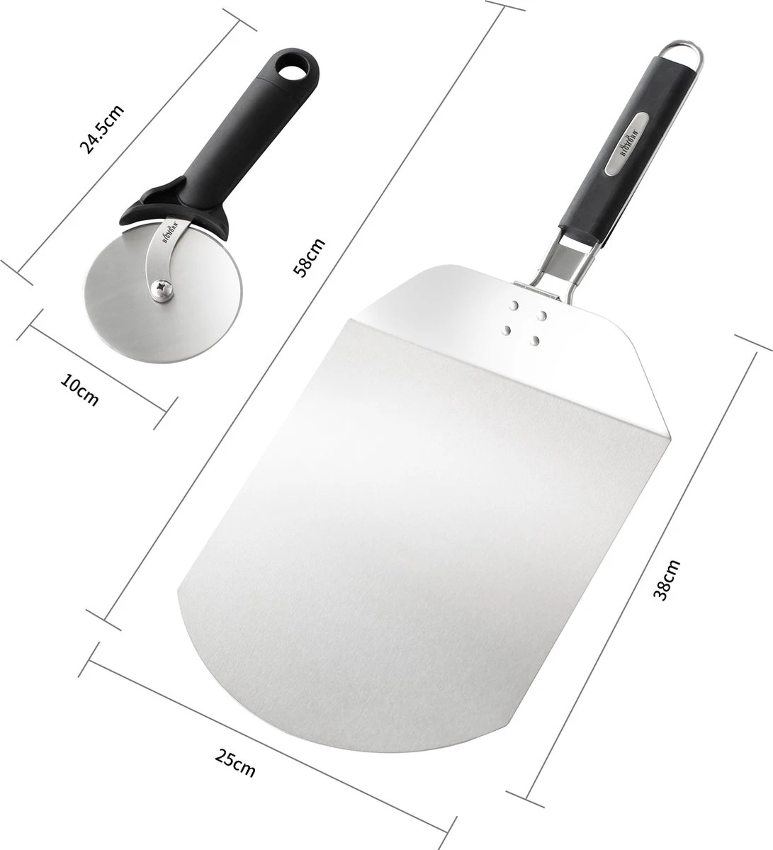 Bighorn Pizzaschep Voor BBQ En Oven-Inklapbare Handgreep -Pizzasnijder- Edelstaal -geschikt Als Broodschep En Ovenschep - SRPT01 - Afbeelding 2