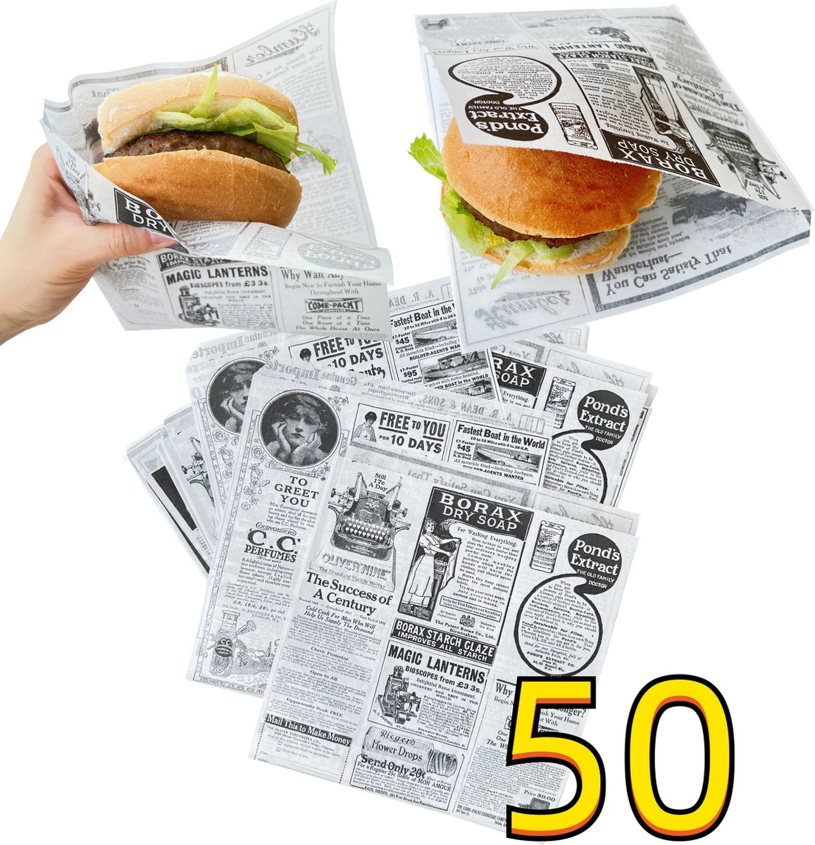 Rainbecom - 50 Stuks - 19 X 17 Cm - Hamburger Zakje Papier - Vetvrij Papier - Papieren Zak Voor Sandwiches - Krant