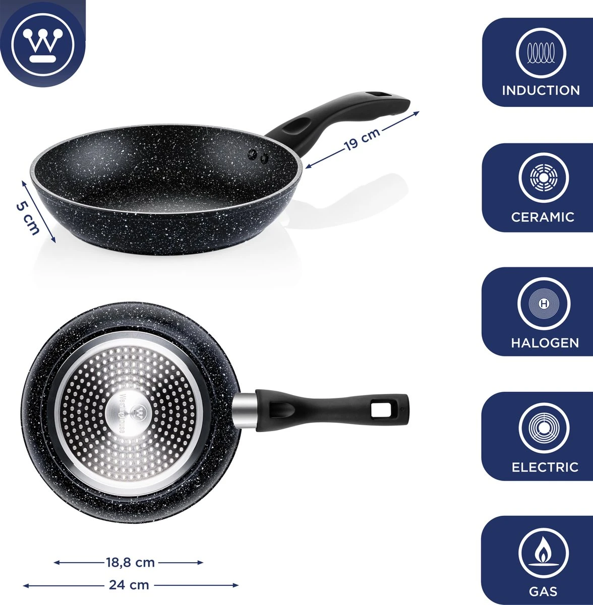 Westinghouse Koekenpan Inductie - Ø 24 Cm - Zwart Marmer - Geschikt Voor Alle Warmtebronnen - Afbeelding 2