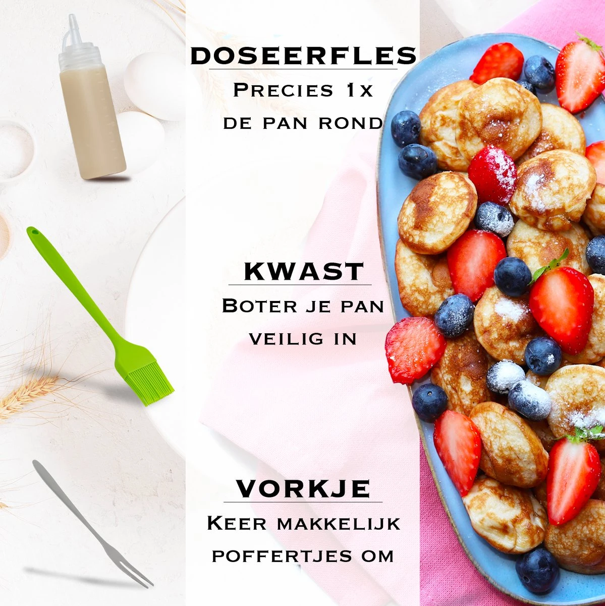 IRONO Poffertjespan Set - Incl. Doseerfles, Kwast En Vork - Poffertjespan Inductie En Electrisch - Poffertjesmaker 19 Poffertjes - Poffertjes Maken - Spuitfles - Cadeau Voor Mannen En Vrouwen - Afbeelding 4