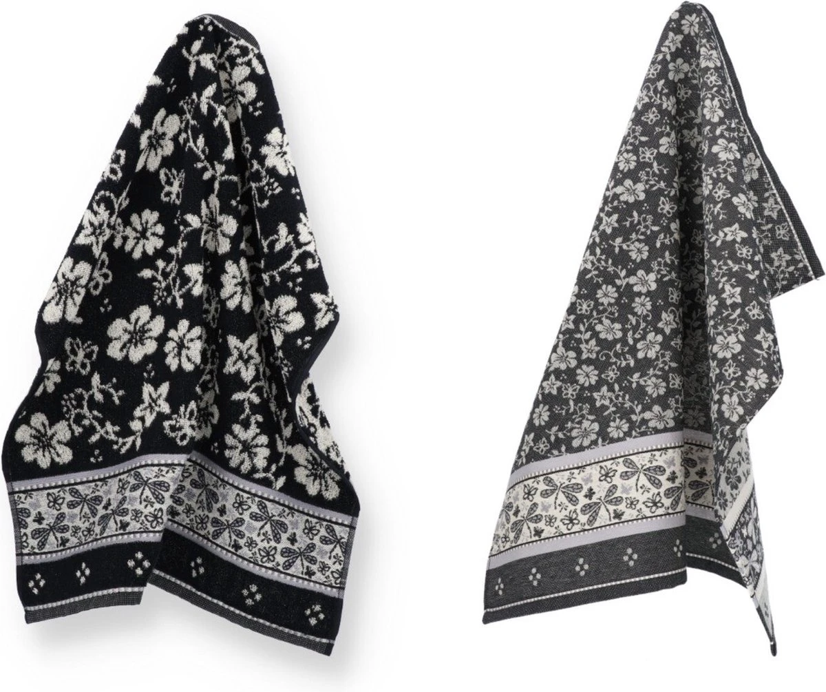 Luxe Keukendoek En Theedoek Dragonfly Zwart Van Bunzlau Castle | 100% Biologisch Katoen | Keukendoek 60x53cm En Theedoek 65x65cm