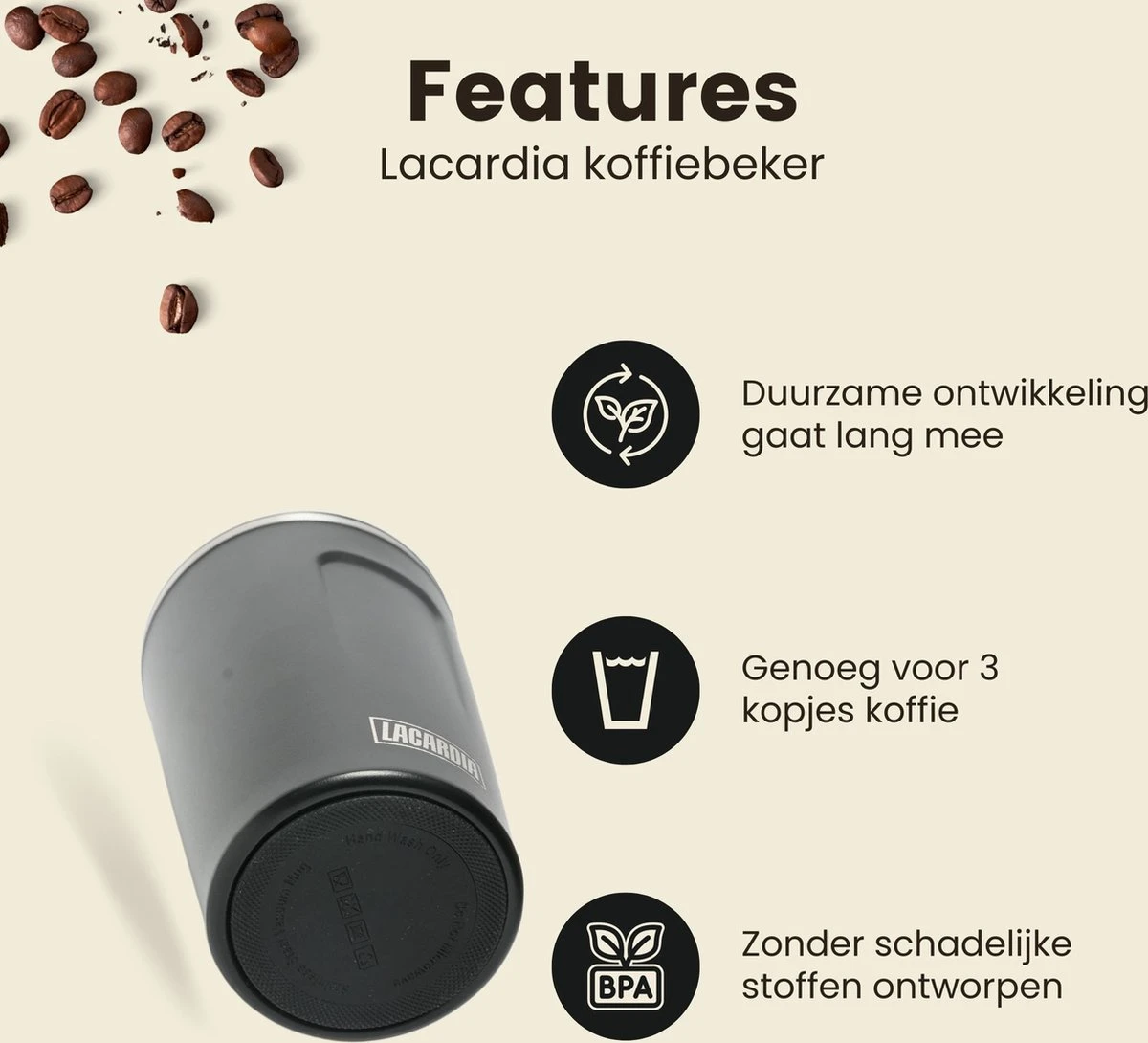 LaCardia Koffiebeker To Go Premium Zwart – Thermosbeker – Theebeker – 380ML – Herbruikbaar - Afbeelding 3