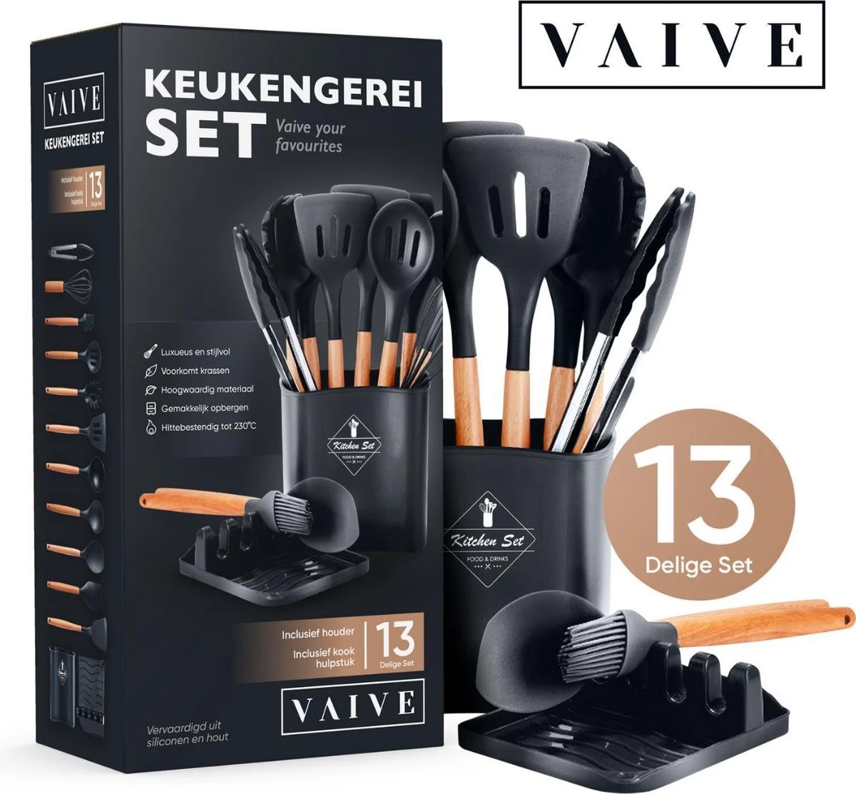 VAIVE Kookgerei Set 13-delig Met Houder - Keukengerei Set - Garde - Spatel Silicone - Afbeelding 7