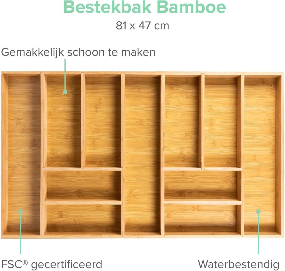Grote Bestekbak Bamboe 81x47CM - Coninx Besteklade - Opbergbak - Duurzaam - Bamboe - Voor Laden Vanaf 47cm Diep - Afbeelding 7