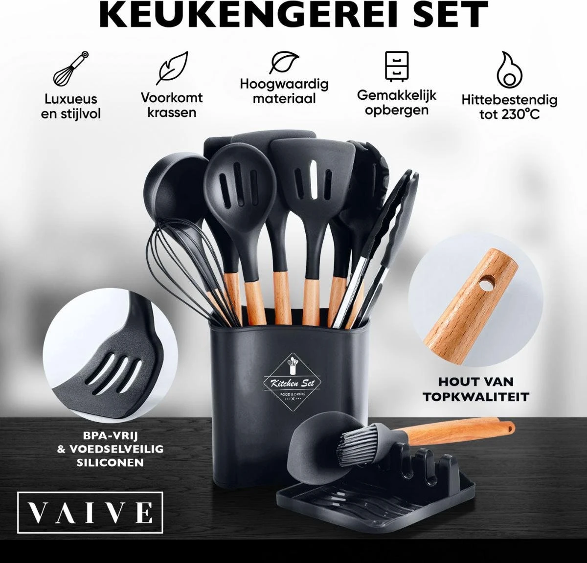VAIVE Kookgerei Set 13-delig Met Houder - Keukengerei Set - Garde - Spatel Silicone - Afbeelding 6