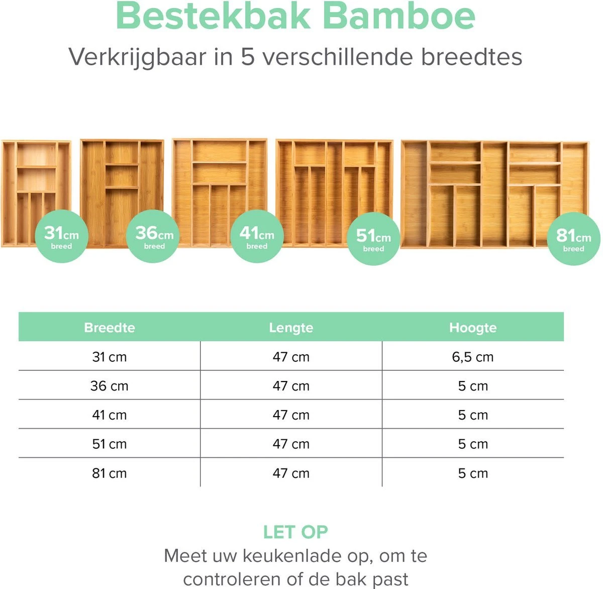 Grote Bestekbak Bamboe 81x47CM - Coninx Besteklade - Opbergbak - Duurzaam - Bamboe - Voor Laden Vanaf 47cm Diep - Afbeelding 6