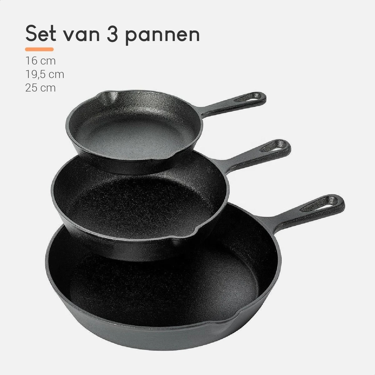 Ocina Gietijzeren Pan – Set Van 3 Stuks – ø25cm, ø19.5cm En ø16cm - Skillet - Koekenpan – Hapjespan – Koekenpan Inductie – Koekenpannenset - Gietijzeren Pan Bbq - Gietijzer - Incl. Receptenboek - Afbeelding 2
