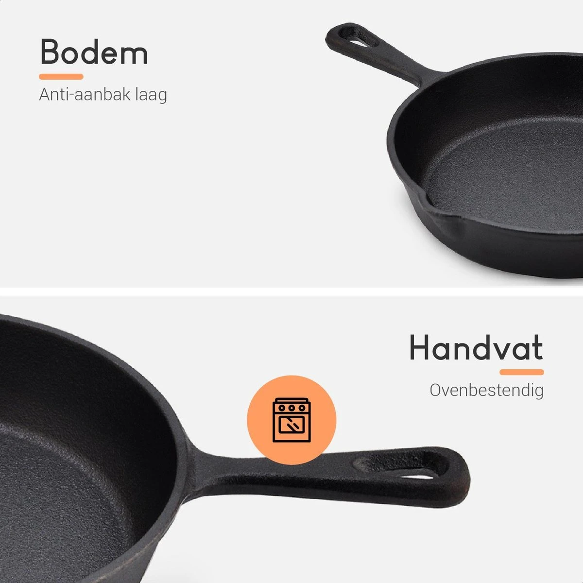 Ocina Gietijzeren Pan – Set Van 3 Stuks – ø25cm, ø19.5cm En ø16cm - Skillet - Koekenpan – Hapjespan – Koekenpan Inductie – Koekenpannenset - Gietijzeren Pan Bbq - Gietijzer - Incl. Receptenboek - Afbeelding 4