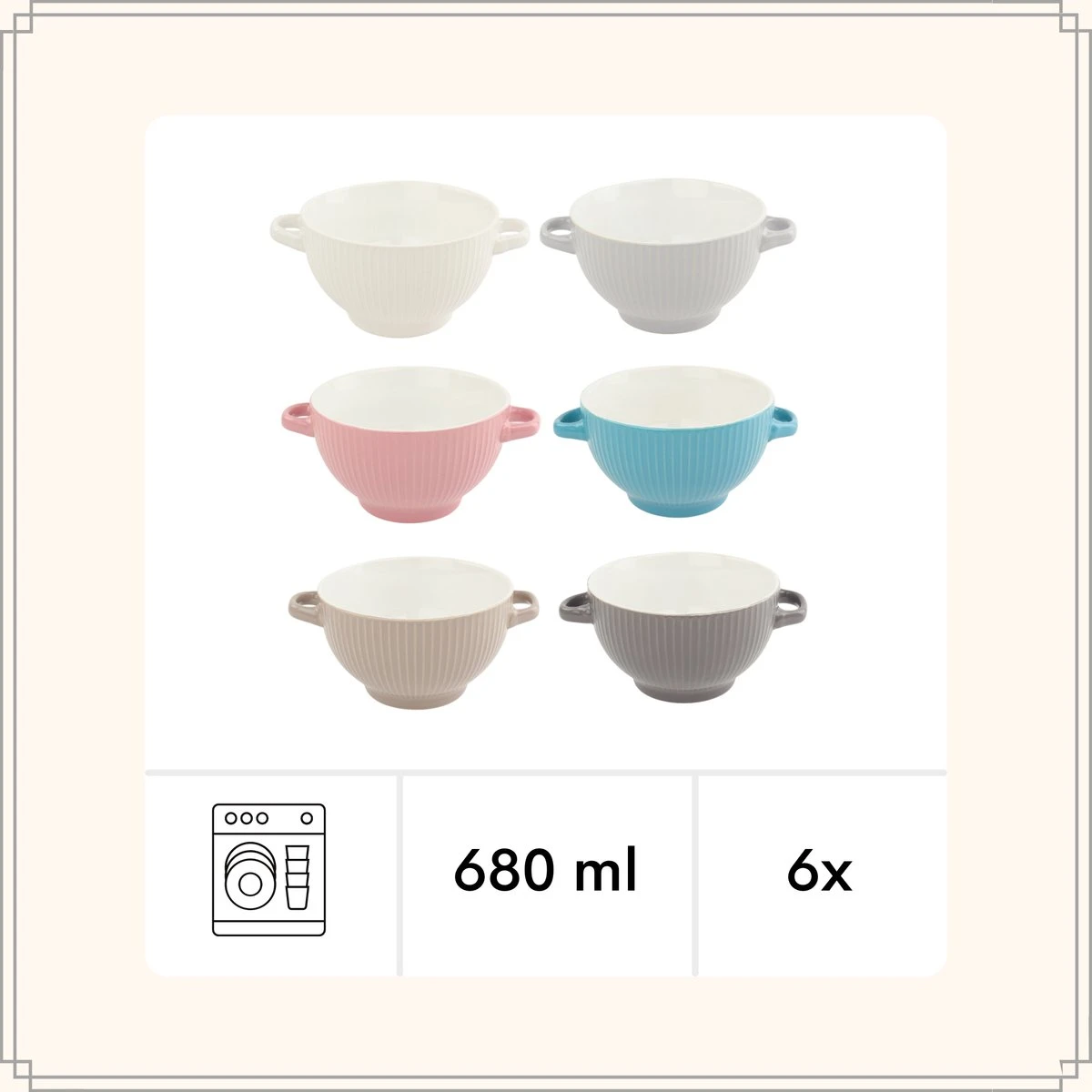 OTIX Soepkommen - Set Van 6 - Met Oor - Stapelbaar - Aardewerk - 680 Ml - 6 Kleuren - Afbeelding 3