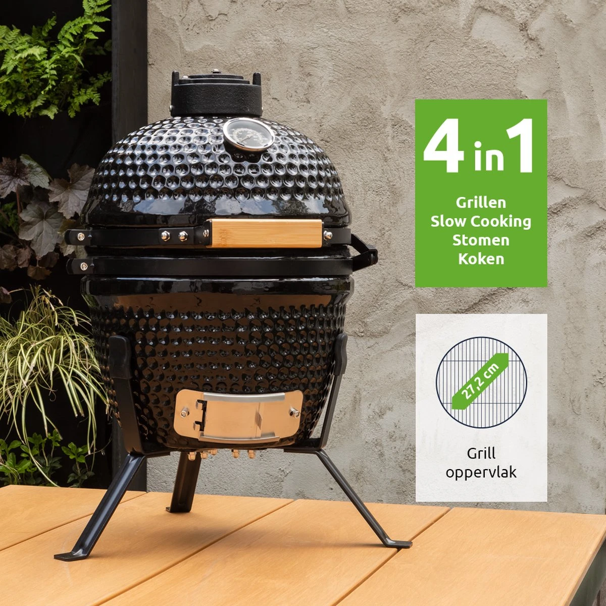 BluMill Kamado BBQ Egg - Kamado 13 Inch - Incl. Vlees Thermometer - Houtskoolbarbecues - Zwart - Ø 27cm - Afbeelding 2