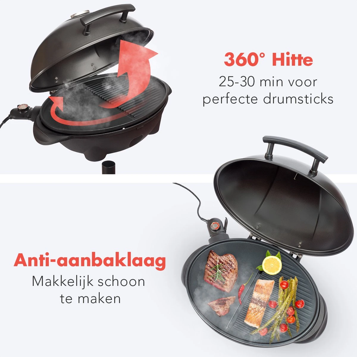KitchenBrothers Elektrische BBQ - Met Grillplaat - Anti-aanbaklaag - Incl. Plank/Houders - Grilloppervlak 46,5x33,8cm - Tot 300°C - 2400W - Zwart - Afbeelding 5