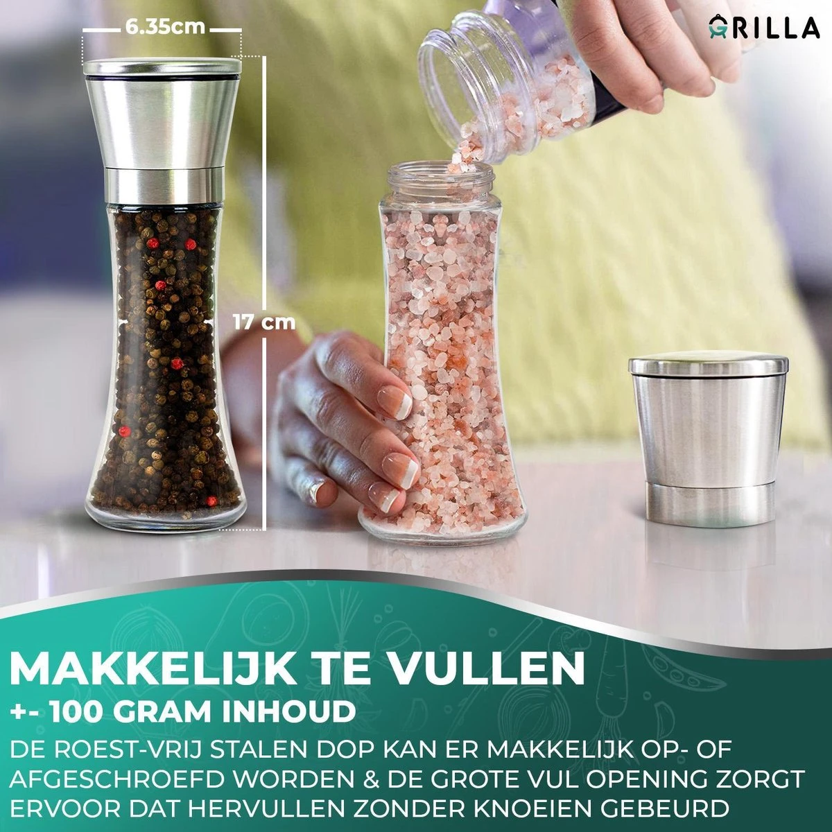 Peper En Zoutmolen Set - RVS Zout En Peperstel - Zoutvaatje En Pepermolen - 2 In 1 - Afbeelding 5