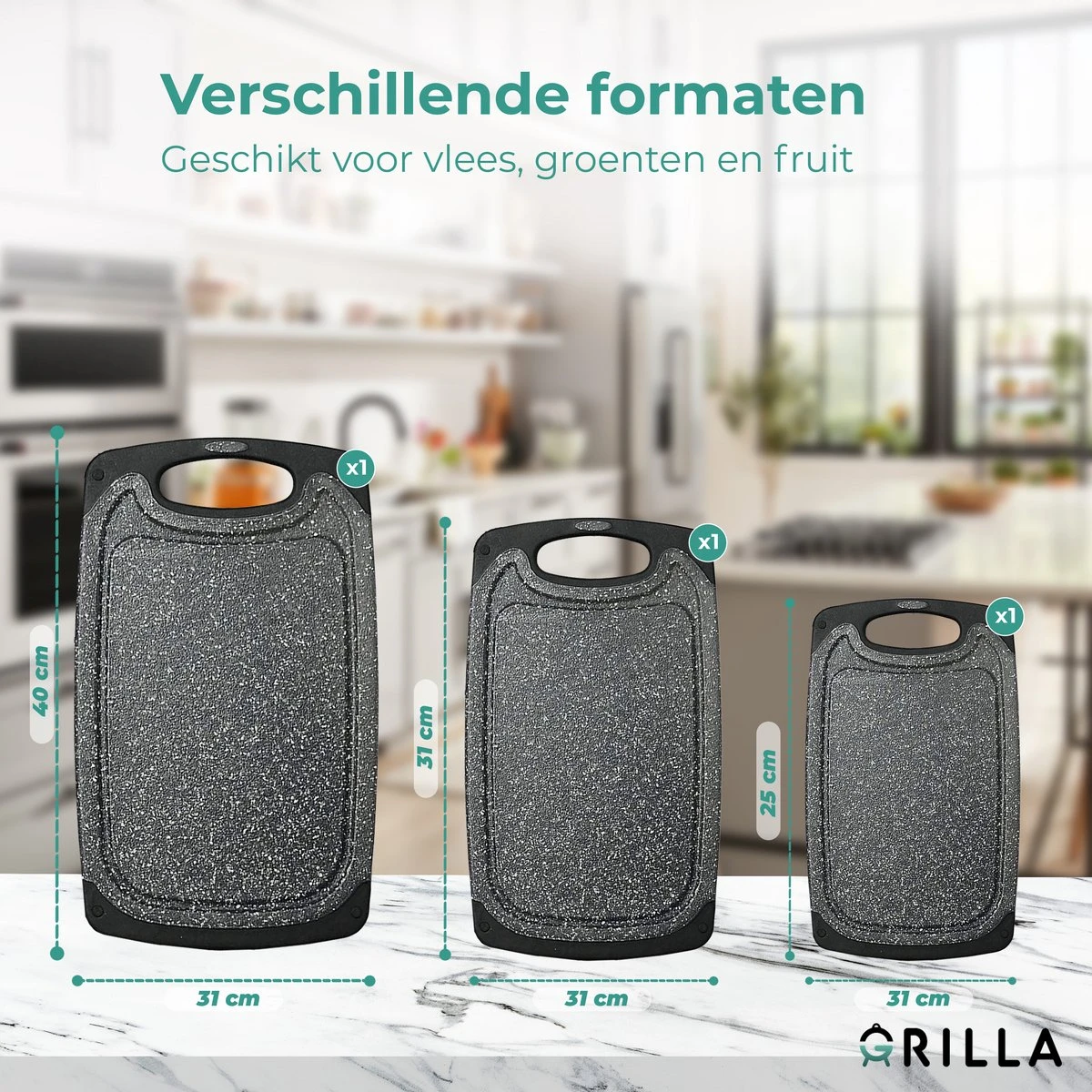 Grilla Snijplankenset - 3 Stuks - Marmer Look - Snijplank Set Kunststof - Afbeelding 7