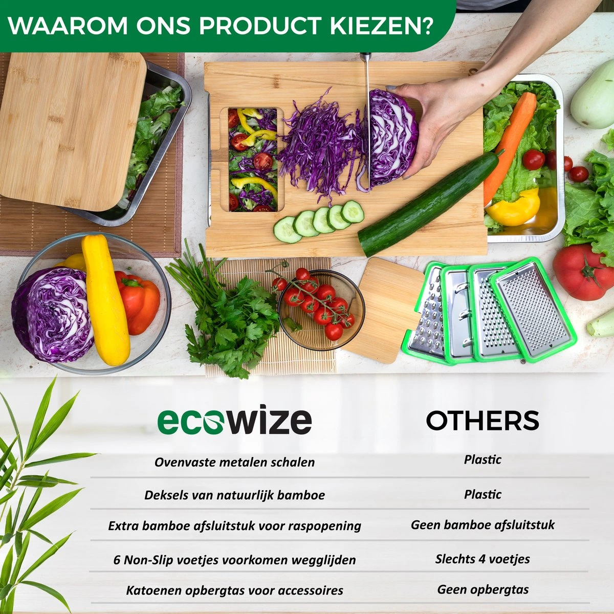 Ecowize 3-in-1 Bamboe Snijplank Met Opvangbak - Snijplank Hout Incl. 3 Roestvrijstalen Opvangbakjes Met Bamboe Deksel, 4 Inzetbare Raspen - Groentesnijder, Hakblok, Borrelplank, Tapasplank, Broodplank - 40x30cm - Duurzaam Cadeau - Afbeelding 2