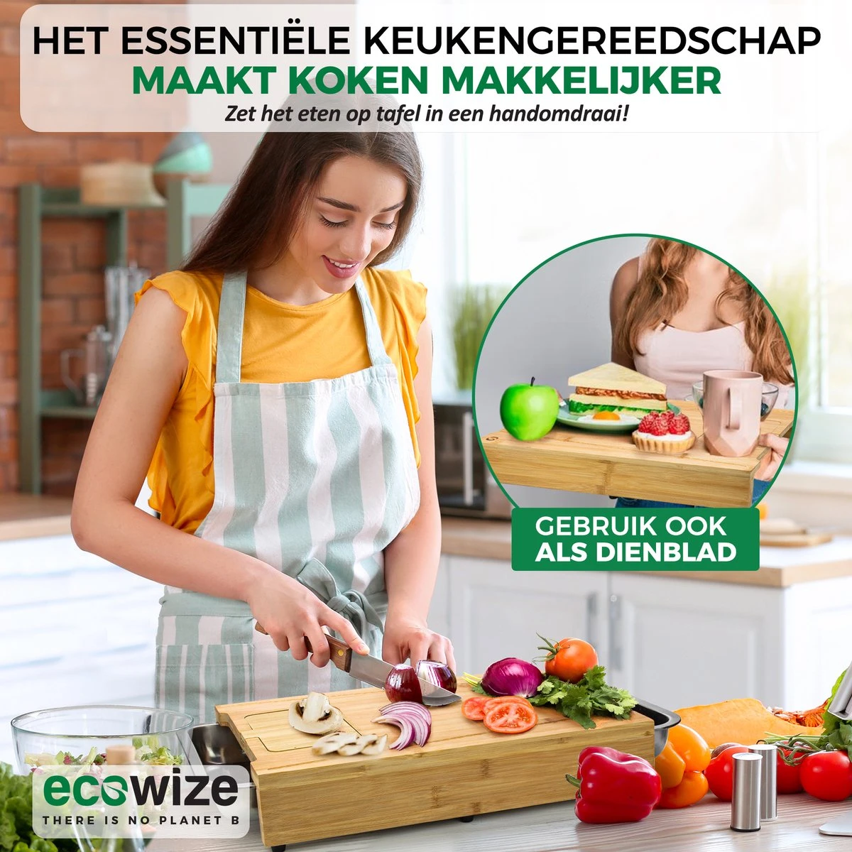 Ecowize 3-in-1 Bamboe Snijplank Met Opvangbak - Snijplank Hout Incl. 3 Roestvrijstalen Opvangbakjes Met Bamboe Deksel, 4 Inzetbare Raspen - Groentesnijder, Hakblok, Borrelplank, Tapasplank, Broodplank - 40x30cm - Duurzaam Cadeau - Afbeelding 3