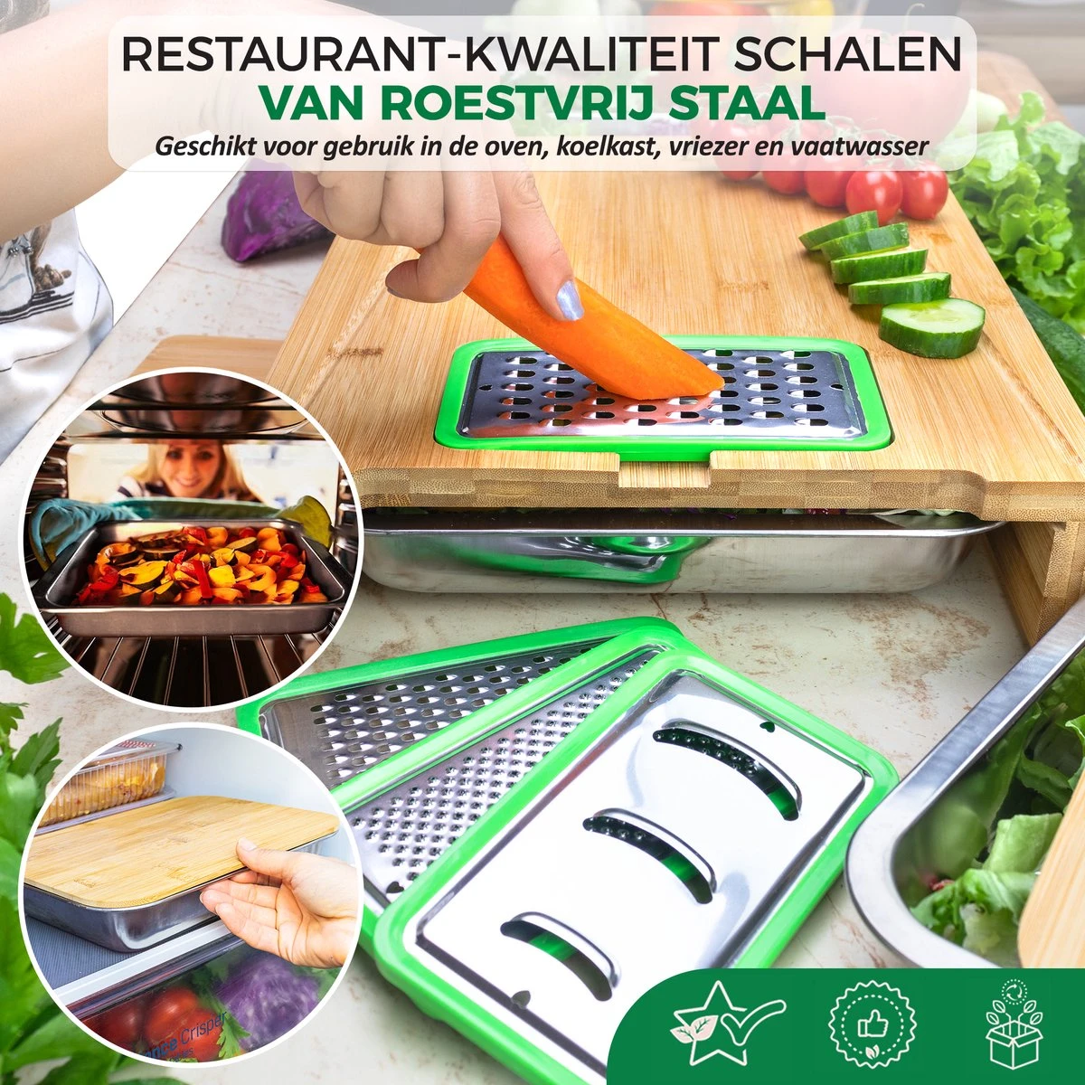 Ecowize 3-in-1 Bamboe Snijplank Met Opvangbak - Snijplank Hout Incl. 3 Roestvrijstalen Opvangbakjes Met Bamboe Deksel, 4 Inzetbare Raspen - Groentesnijder, Hakblok, Borrelplank, Tapasplank, Broodplank - 40x30cm - Duurzaam Cadeau - Afbeelding 4