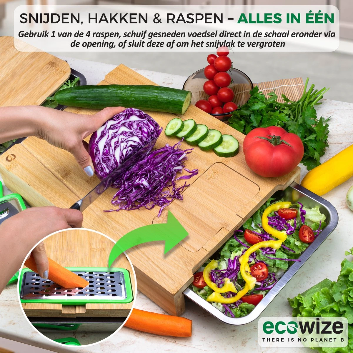 Ecowize 3-in-1 Bamboe Snijplank Met Opvangbak - Snijplank Hout Incl. 3 Roestvrijstalen Opvangbakjes Met Bamboe Deksel, 4 Inzetbare Raspen - Groentesnijder, Hakblok, Borrelplank, Tapasplank, Broodplank - 40x30cm - Duurzaam Cadeau - Afbeelding 5