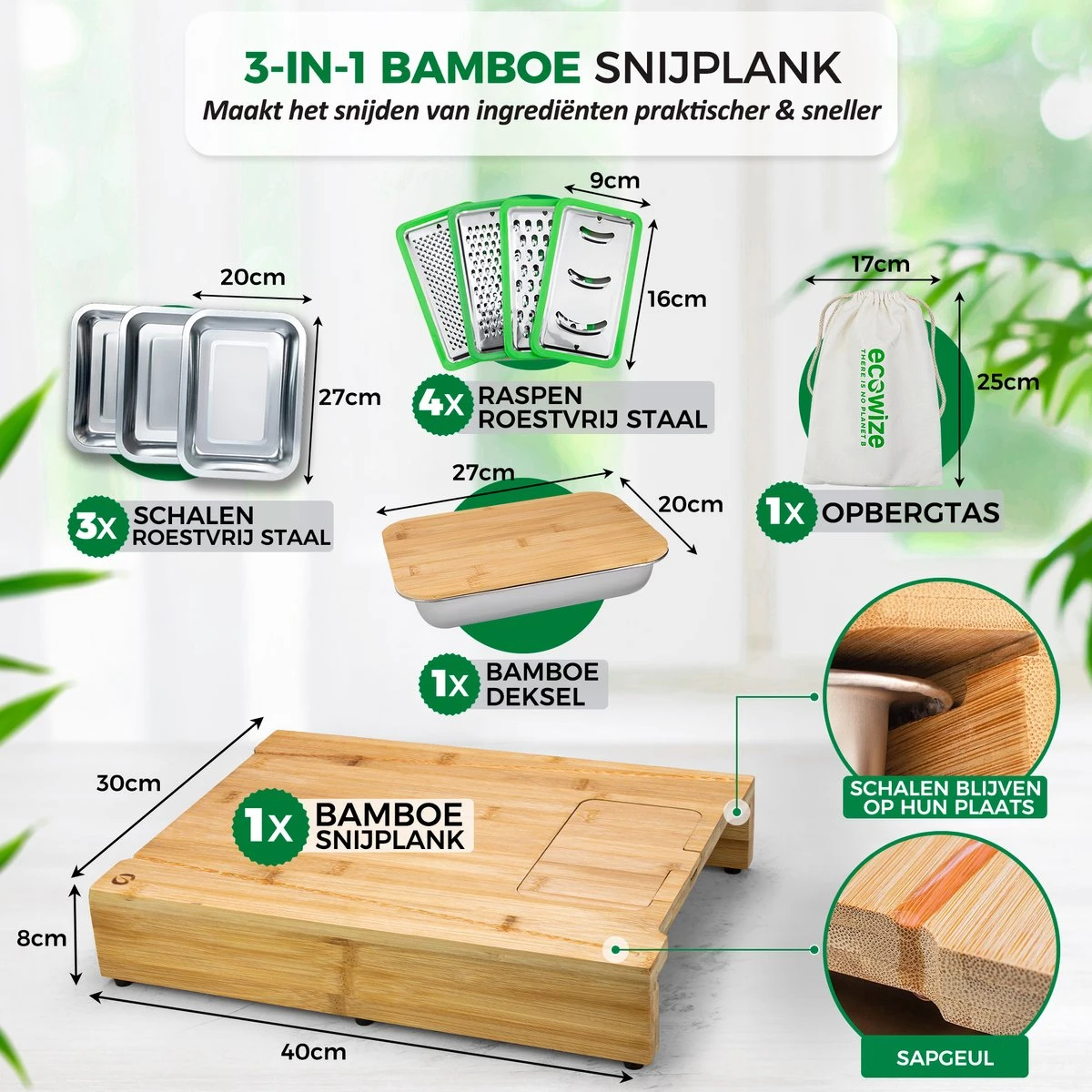 Ecowize 3-in-1 Bamboe Snijplank Met Opvangbak - Snijplank Hout Incl. 3 Roestvrijstalen Opvangbakjes Met Bamboe Deksel, 4 Inzetbare Raspen - Groentesnijder, Hakblok, Borrelplank, Tapasplank, Broodplank - 40x30cm - Duurzaam Cadeau - Afbeelding 7