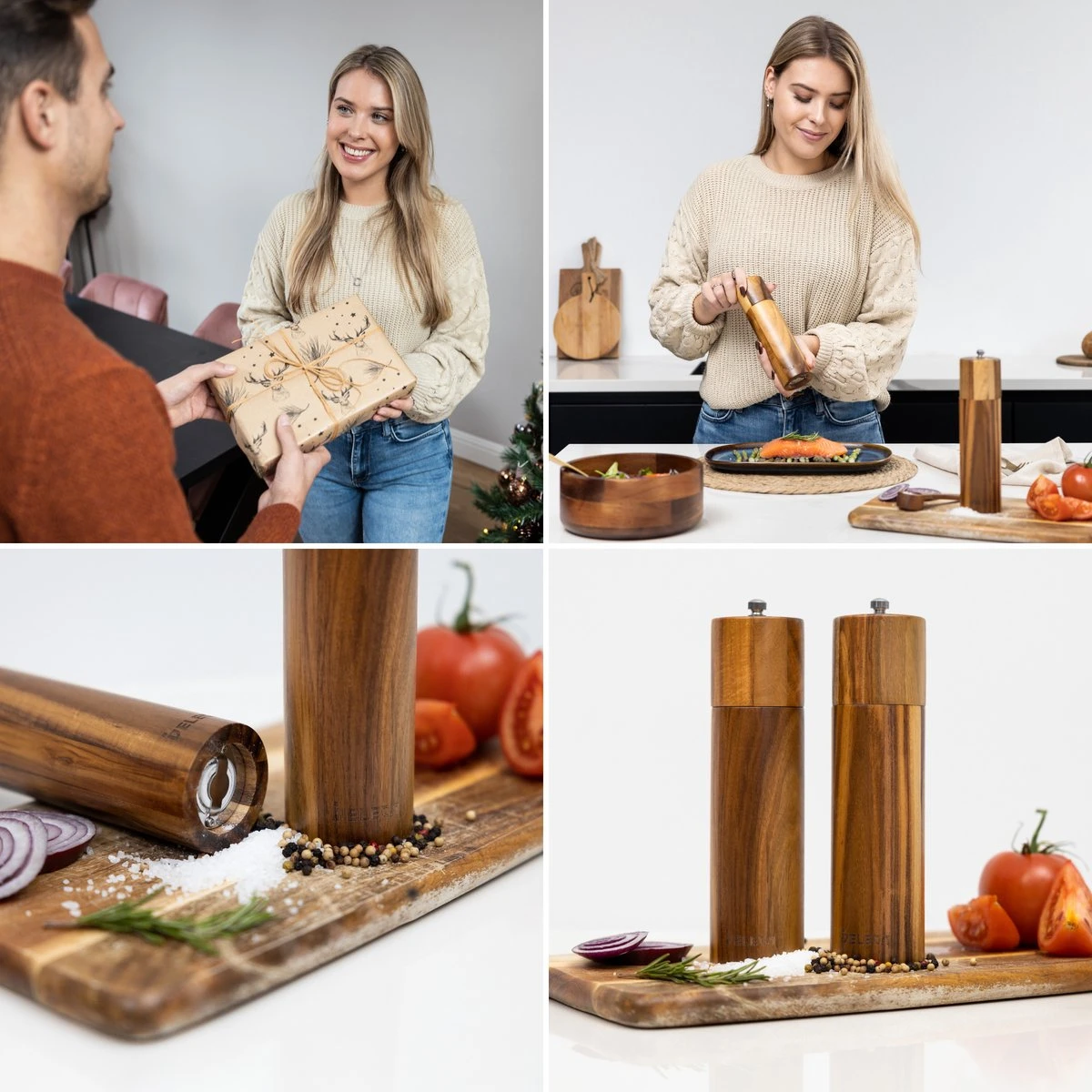 Deleca Luxe Peper En Zoutmolen Set - Zout / Pepermolen - Handmatig - Met Navul Lepel & Geschenkdoos - Acacia Hout - Rond - Afbeelding 2