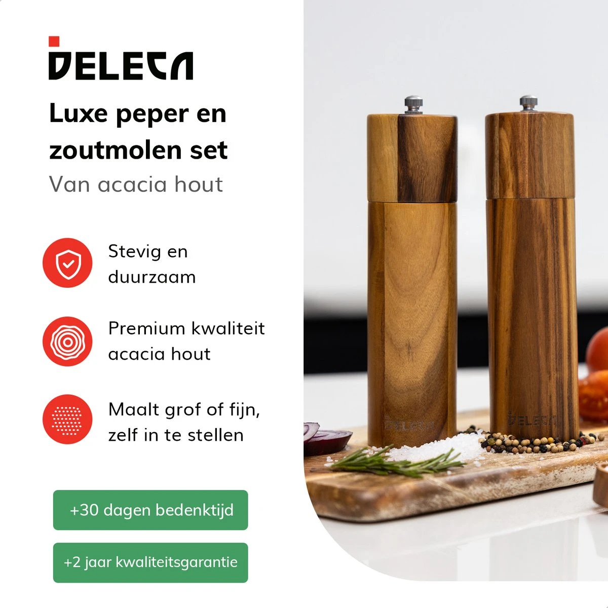 Deleca Luxe Peper En Zoutmolen Set - Zout / Pepermolen - Handmatig - Met Navul Lepel & Geschenkdoos - Acacia Hout - Rond - Afbeelding 3