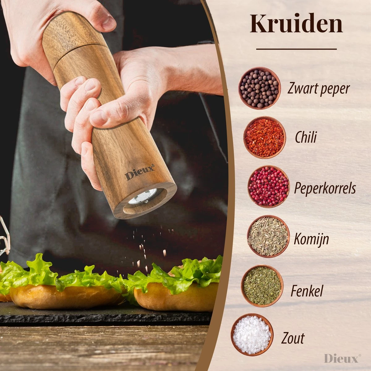 Dieux® - Peper En Zoutmolen Set - Cilinder Vorm - 22CM - Zout Peper Kruiden - 2 Stuks - Acacia Hout - Instelbare Maalgraad - Duurzaam - Luxe Kwaliteit - Hervulbaar - Pepermolen - Zoutmolen - BBQ Accesoires - Pasen - Afbeelding 2