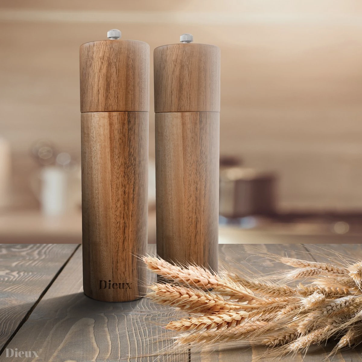 Dieux® - Peper En Zoutmolen Set - Cilinder Vorm - 22CM - Zout Peper Kruiden - 2 Stuks - Acacia Hout - Instelbare Maalgraad - Duurzaam - Luxe Kwaliteit - Hervulbaar - Pepermolen - Zoutmolen - BBQ Accesoires - Pasen - Afbeelding 5