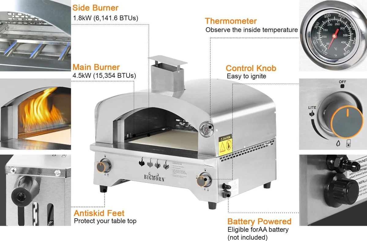 Bighorn Outdoor Edelstaal Gas Pizza Oven - Draagbare Gas Barbecue - Edelstaal -Model SRGG20001 - Afbeelding 6