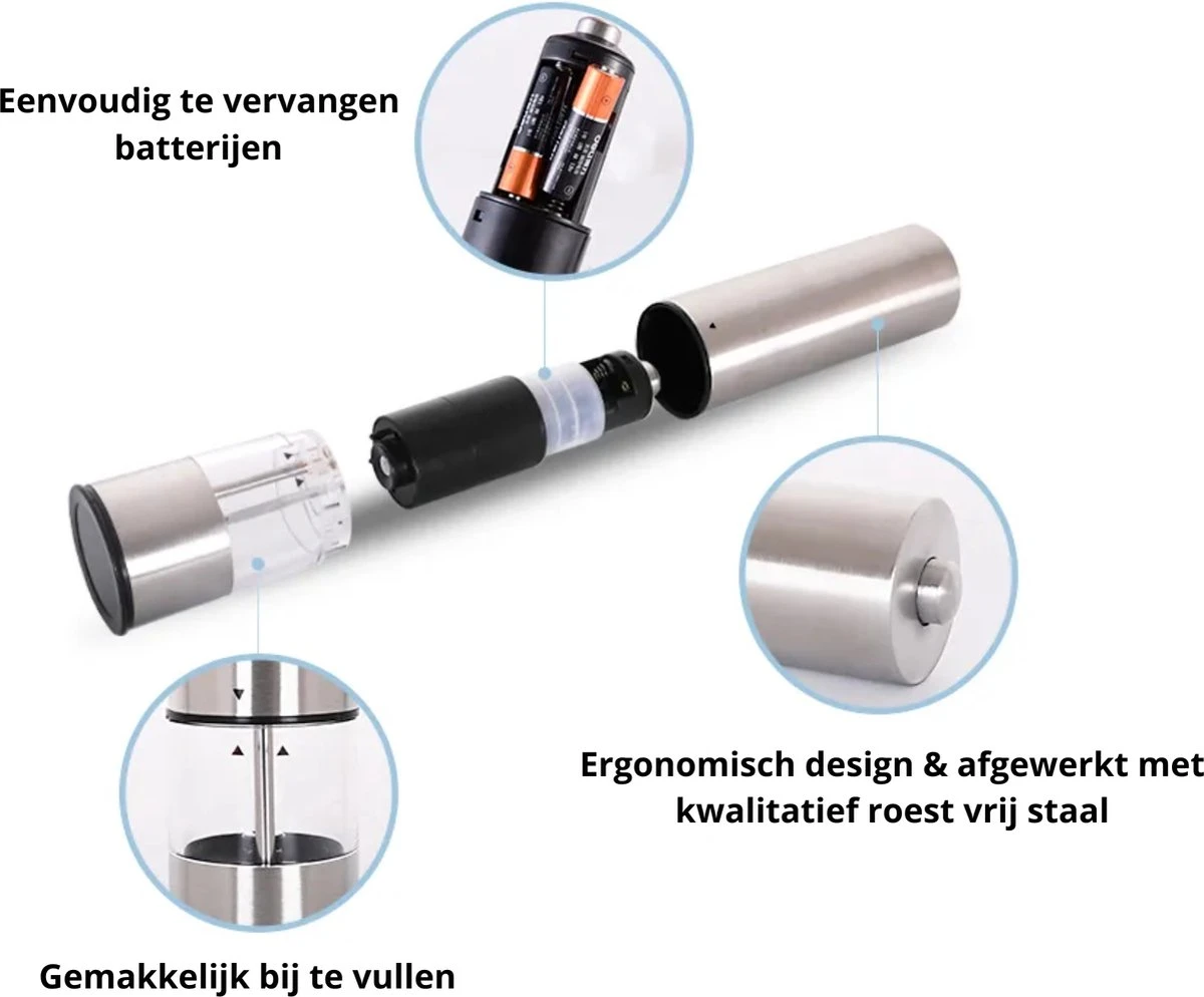 MD-Goods ® Elektrische Peper En Zoutmolen Set - Pepermolen - RVS - Cadeau - Restaurant Kwaliteit - Afbeelding 2