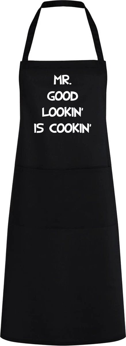 Roly Keukenschort Mr. Good Lookin' Is Cookin' - One Size - Zwart - Vaderdag Cadeau - Papa Cadeau - Cadeau Voor Hem - Cadeau Voor Vader - Keukenschort Met Tekst